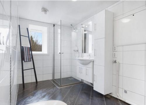a bathroom with a ladder and a sink and a mirror at 5-Bedroom Apartment in Åsane, Bergen in Bergen
