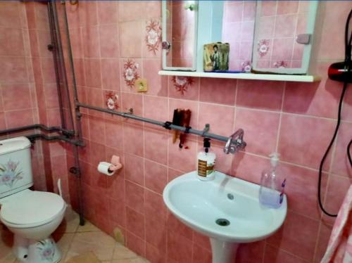 łazienka z białą umywalką i toaletą w obiekcie Bus Station Hostel w mieście Peć