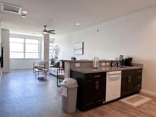 uma cozinha com um lavatório e uma bancada em Entire High-Rise Apartment - 2BD em Baton Rouge