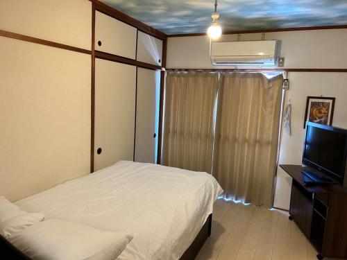 um pequeno quarto com uma cama e uma televisão em Nishimoto Building - Vacation STAY 16015v em Hiroshima