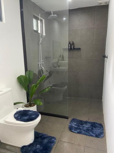 a bathroom with a shower and a toilet with blue rugs at Rvilla El Nido in El Nido