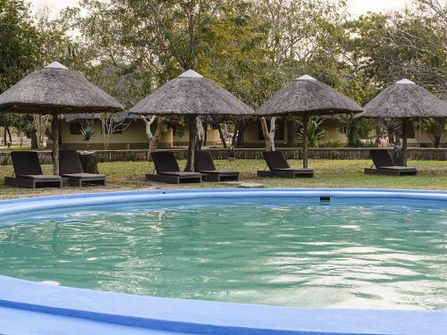 a swimming pool with chairs and umbrellas in a resort at Montebelo Gorongosa Lodge & Safari in Chitengo