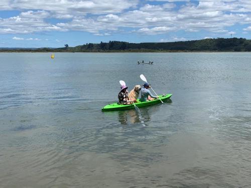 two people in a green canoe on a lake at Pukehina Estuary Sunset Views Holiday Home in Pukehina