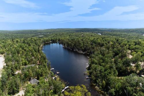 an aerial view of a lake in the middle of a forest at Chalet L'Écureuil (waterfront, modern, spa, BBQ) in Chertsey