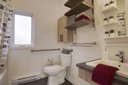 ein Bad mit einem WC, einem Waschbecken und einem Fenster in der Unterkunft Chalet L'Écureuil (waterfront, modern, spa, BBQ) in Chertsey