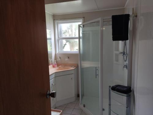 a bathroom with a shower and a sink at The Frasertown Tavern in Wairoa