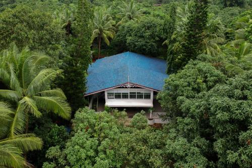 a house with a blue roof in the forest at Vanya Farms by StayVista - Orchard villa with rustic vintage interiors & a table tennis table in Alībāg