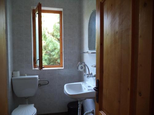 a bathroom with a toilet and a sink and a window at Victoria Sinemorets Guest House in Sinemorets