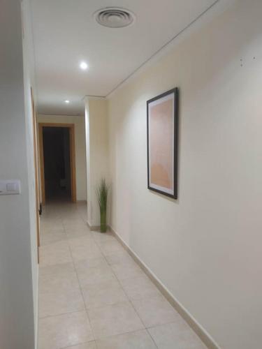un couloir avec des murs blancs et une photo sur un mur dans l'établissement Tranquilo apartamento de pueblo, à Benifairó de Les Valls