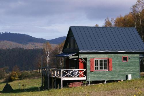 a green house with a black roof and a red window at Chatka na Wzgórzu in Morzyszów