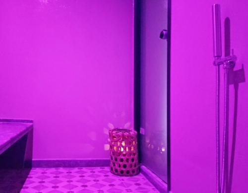 a bathroom with a pink door and a trash can at Pyrgi Cretan Living & Spa in Pírgos