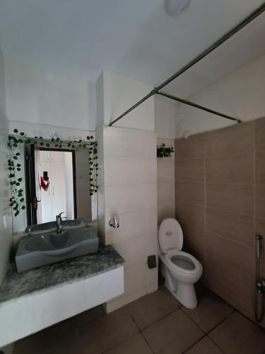 y baño con lavabo, aseo y espejo. en Three Bed Attached Bath Netflix Wifi Smart TV Parking WFH Desk en Islamabad