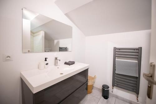 uma casa de banho branca com um lavatório e um espelho em KASA FRIENDLY - Proche centre ville - Tout équipe et calme em Saint-Étienne