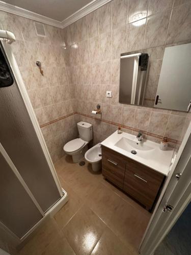 a bathroom with a sink and a toilet and a mirror at Apartamento Sotest in Jerez de la Frontera
