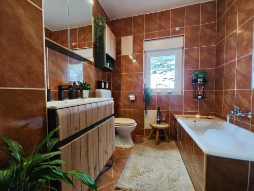 a bathroom with a toilet and a sink and a tub at Holiday Home Lino in Brod Moravice