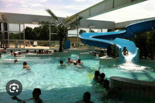 un groupe de personnes dans une piscine dans l'établissement Chalet LA PERCHE au bord de l'eau, à Lion-en-Sullias