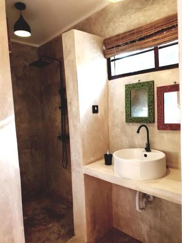 a bathroom with a sink and a shower at Michamvi Spirit Lodge in Michamvi