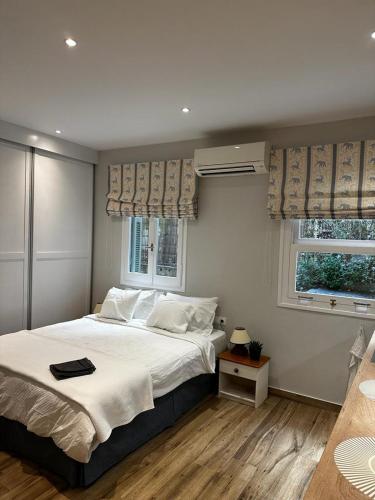 a bedroom with a large bed and two windows at Theodore's cosy apartment in Corfu