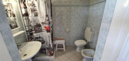 La salle de bains est pourvue d'un lavabo, de toilettes et d'une douche. dans l'établissement Hotel Le Ghiaie, à Portoferraio