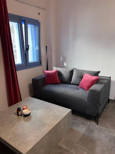 a living room with a gray couch with pink pillows at Maistros Villas in Armenistis