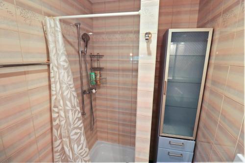 a shower with a glass door in a bathroom at Appartement paisible avec terrasse in Domdidier
