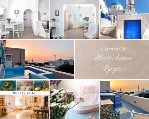 a collage of photos of a villa with the words summer clients house types at Flora's House & Cave Winery in Pirgos