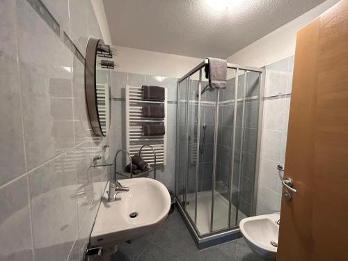 a bathroom with a sink and a glass shower at Feichterhof in Riva di Tures