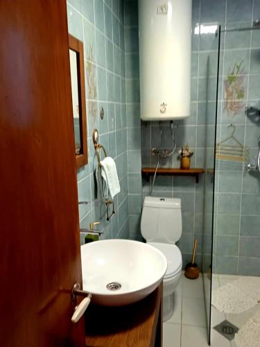 łazienka z białą umywalką i toaletą w obiekcie Vila UNIKA w Ochrydzie