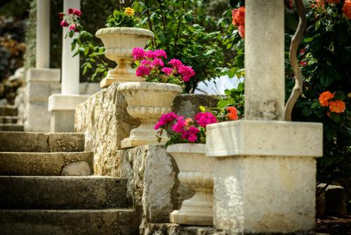 a group of concrete vases with flowers in them at Villa Mali Raj in Zaton