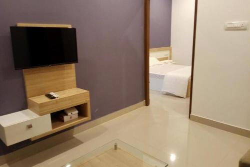 ein Wohnzimmer mit einem TV und einem Spiegel in der Unterkunft Himani Heritage Resorts, formerly Camp Nishani Holidays in Madikeri