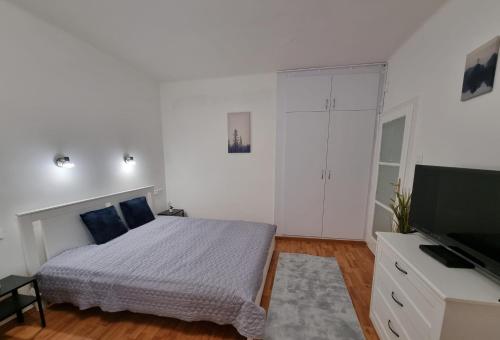 a bedroom with a bed and a flat screen tv at Barcika Apartman in Kazincbarcika