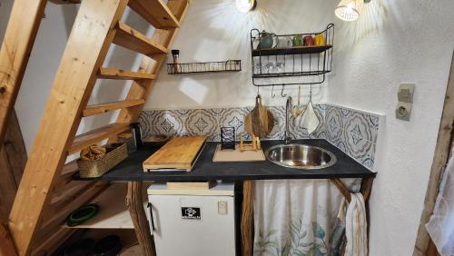 a tiny kitchen with a sink and a ladder at maisonnette avec jardin et terrasse in Montdardier