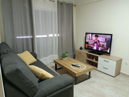 a living room with a couch and a tv at Delicia, Sol y mar in Málaga