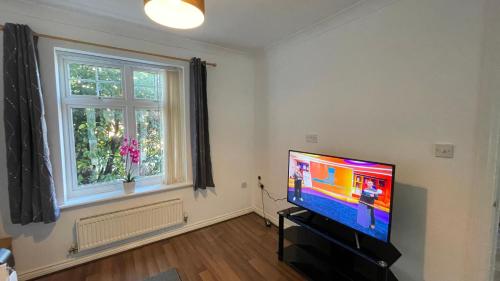 ein Wohnzimmer mit einem Flachbild-TV neben einem Fenster in der Unterkunft Stylish 4beds house with parking for contractors & families, HS2 NEC in Marston Green