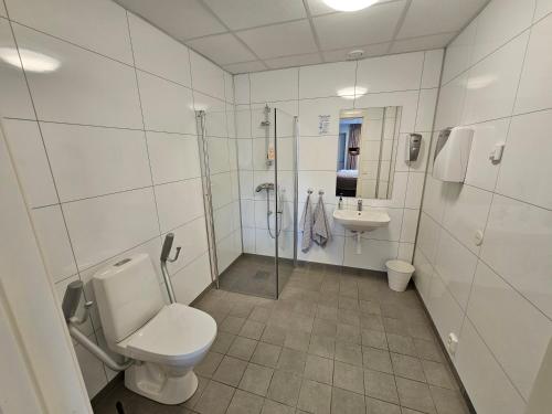 a bathroom with a toilet and a shower and a sink at Moldfaret 19M in Arendal