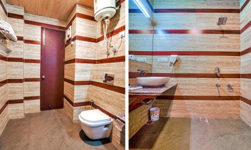 2 immagini di un bagno con servizi igienici e lavandino di Dalhousie View Resort a Dalhousie