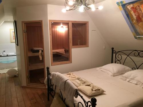 een slaapkamer met een bed en een badkamer bij La Maison d'Arc Chambres et Tables d'Hôtes in Frasnes-lez-Anvaing