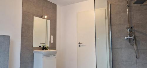 a bathroom with a shower and a toilet and a sink at Sson-Appartments in Detmold