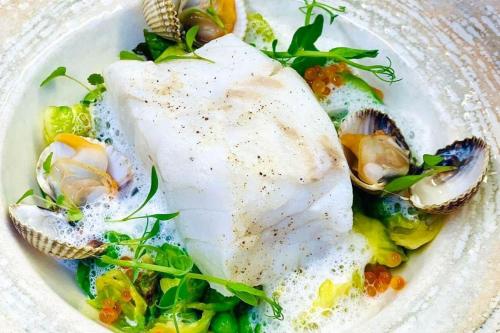 a white plate of food with oysters and vegetables at Kyriad Vannes Centre Ville in Vannes