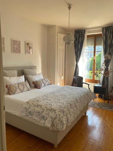 um quarto com uma grande cama branca e uma janela em HOCORAS Apartment em Genebra