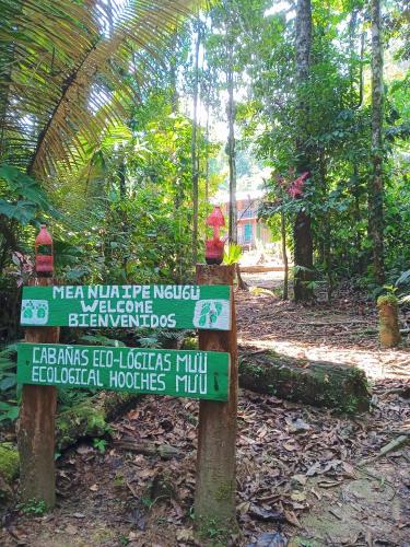 a sign in the middle of a forest at Cabañas eco lógicas mu'ü in Loreto Mocagua