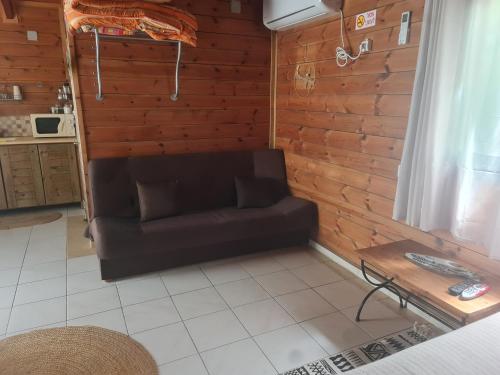 בקתות אירוח בגליל في كريات شمونة: أريكة في غرفة معيشة مع طاولة