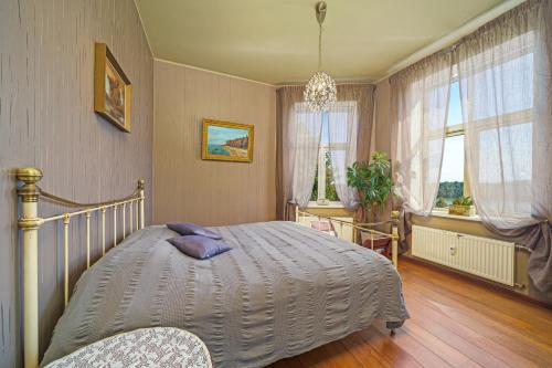 sypialnia z łóżkiem i 2 oknami w obiekcie Apartment With a Lake View and Sauna w mieście Viljandi