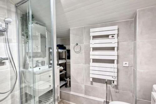 a bathroom with a shower and a toilet and a sink at Les Dames YourHostHelper in Gières