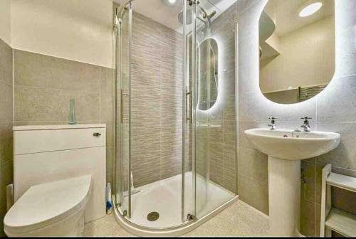 ポーティンズケールにあるA charming luxury apartment!のバスルーム(シャワー、洗面台、トイレ付)