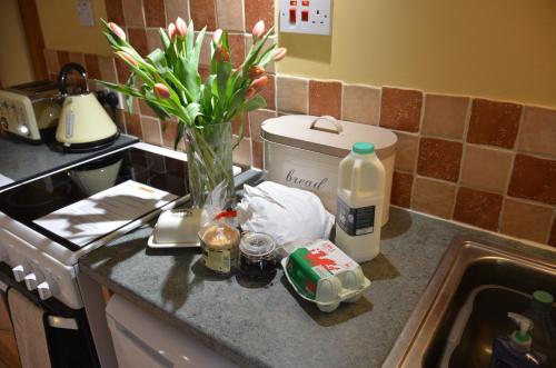 a kitchen counter with a vase of flowers and a sink at Hafannedd in Corwen