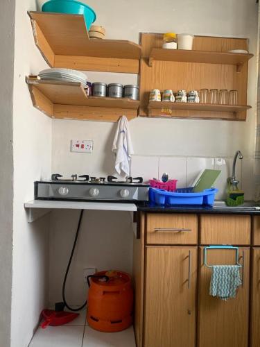 a kitchen with a stove and a counter top at Lux Suites Rio Vista Executive Studio Apartments in Makandara