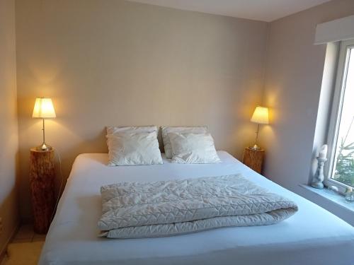 een slaapkamer met een groot wit bed met 2 lampen bij Petit Bonheur in Oudenaarde