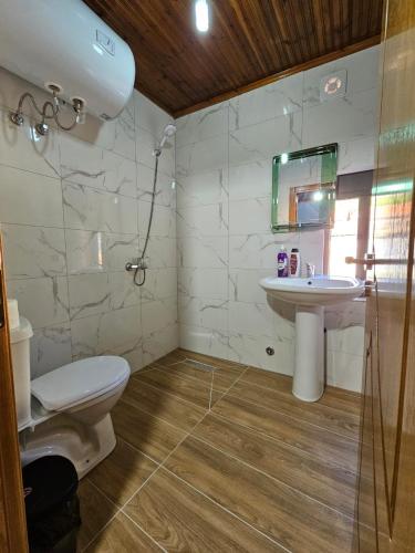 uma casa de banho com um WC e um lavatório em Voga Guesthouse em Krujë