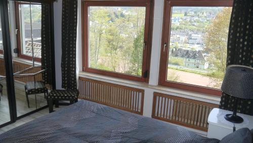 1 dormitorio con ventanas y 1 cama con vistas en Vulkaneifel-Ferienwohnungen am Felsenpfad, en Gerolstein